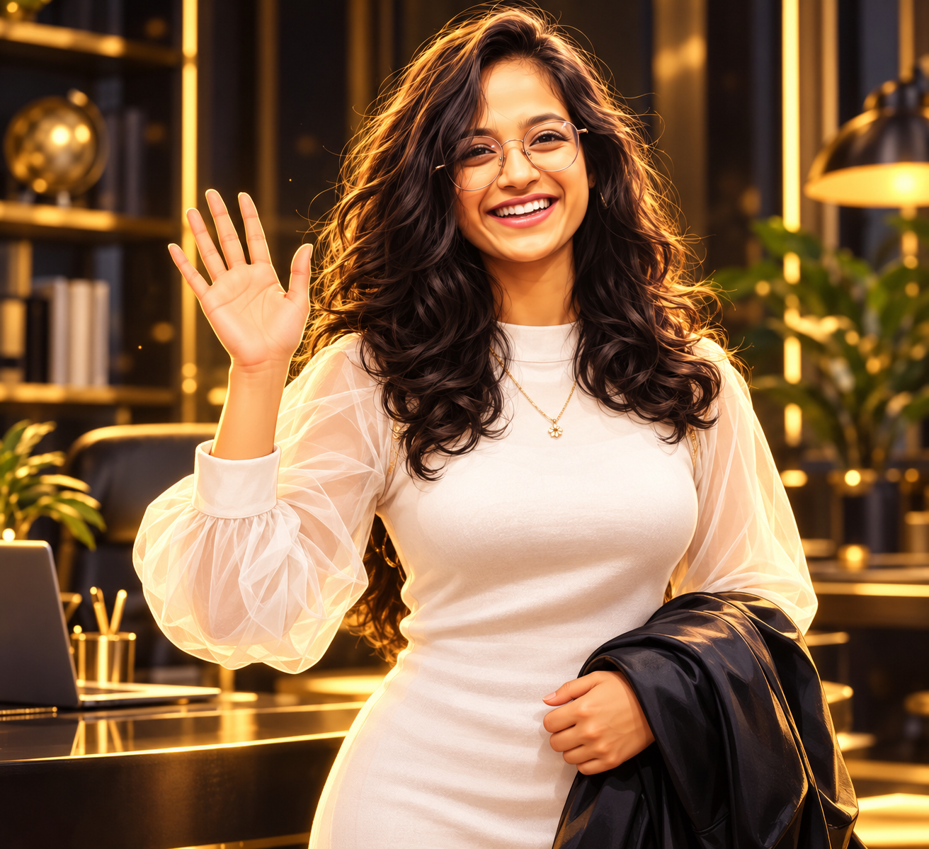Smita welcoming visitors with a wave